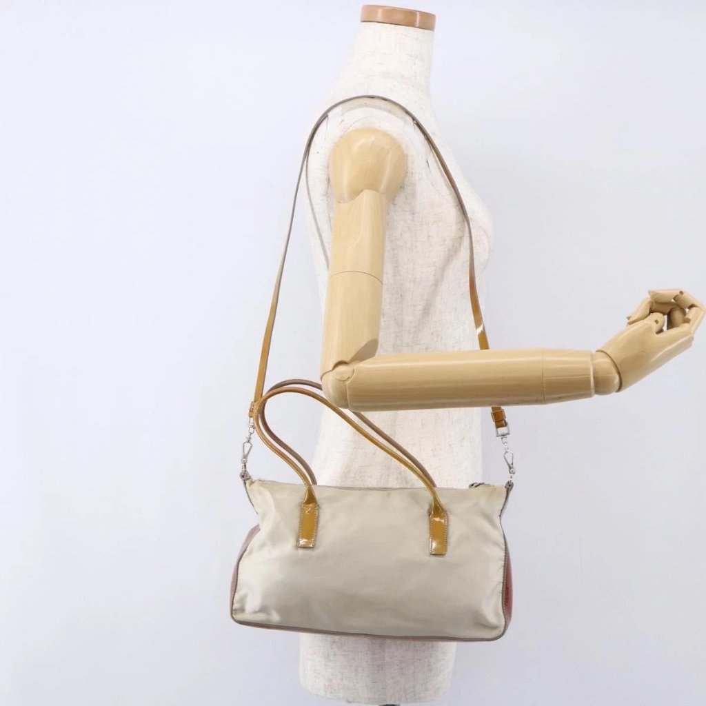 Prada Hand Bag Nylon Enamel 2way White Silver Auth 152256